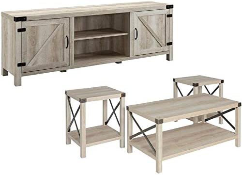 Home Square 4 Piece Farmhouse Barn Door TV Stand Console Coffee Table and 2 End Table Living Room Set in Rustic White Oak