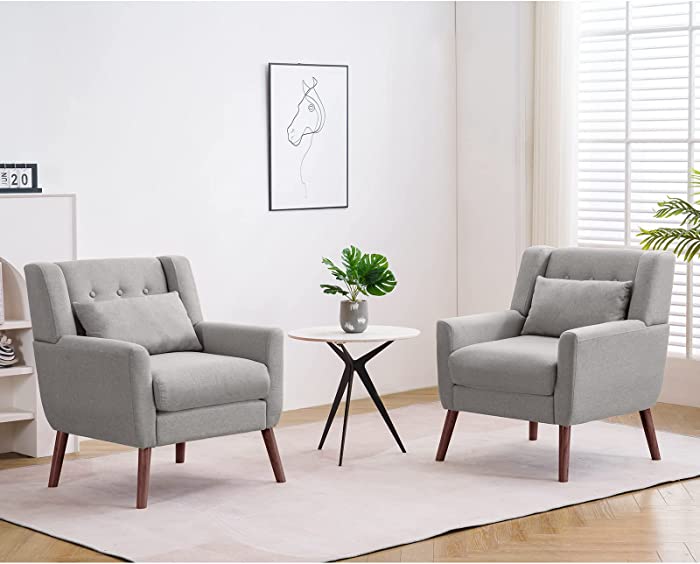 RichFire Mid-Century Modern Accent Chair Set of 2, Tufted Living Room Chair Set of 2, Fabric Reading Chair with Lumbar Pillow and Solid Wood Legs for Living Room Bedroom Office Apartment, Grey