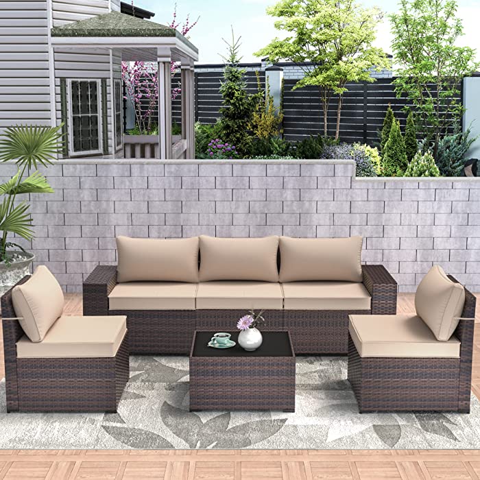 Kulunolo Outdoor Patio Furniture Set 6 Pieces All Weather Outdoor Sectional Furniture PE Rattan High Backrest Large Armrest Patio Conversation Sets w/Glass Table and Cushion,Tan