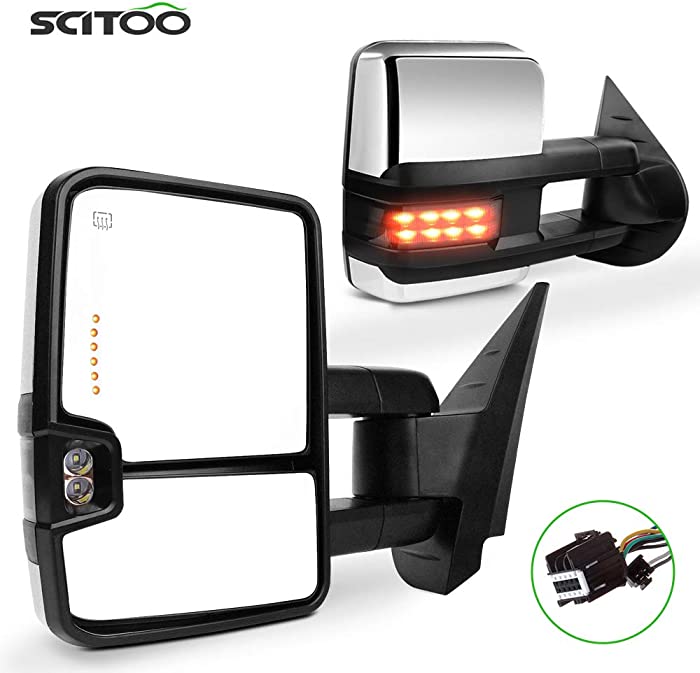 SCITOO Towing Mirrors Tow Mirrors Chrome Truck Mirrors fit for 2007-2014 for Chevy for Silverado for GMC for Sierra (07 for New Body) with Pair LH RH Power Adjusted Heated Turn Signal Light Light