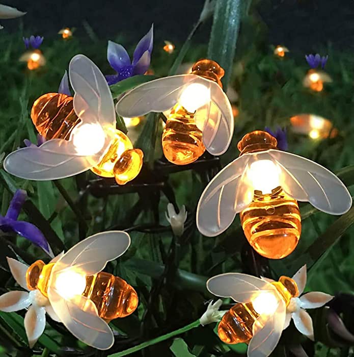 Semilits Solar String Lights 20LED Outdoor Waterproof Simulation Honey Bees Decor for Garden Xmas Decorations Warm White