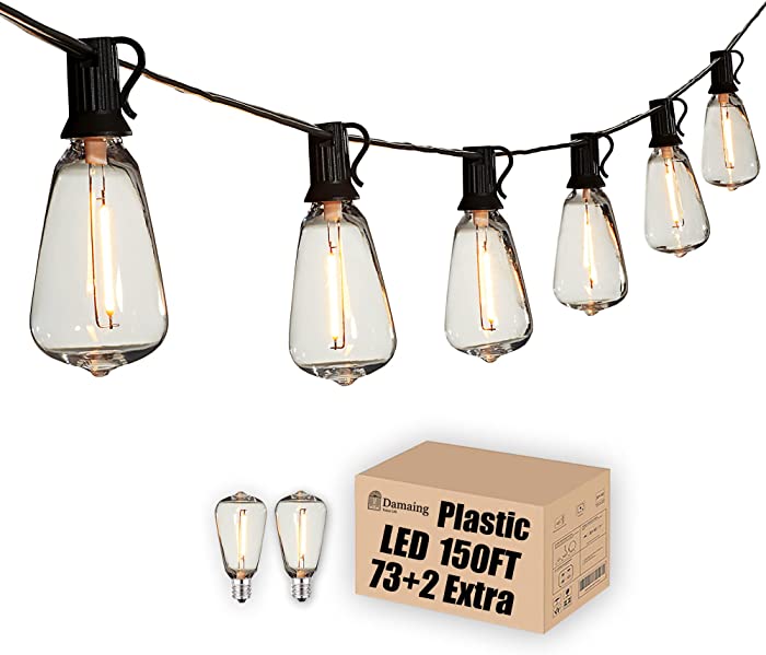 Outdoor String Lights 150 FT Patio Lights String with 75 Dimmable ST38 Plastic LED Bulbs,Vintage Shatterproof Edison String Lights Waterproof for Bistro Balcony Backyard and Gazobos.