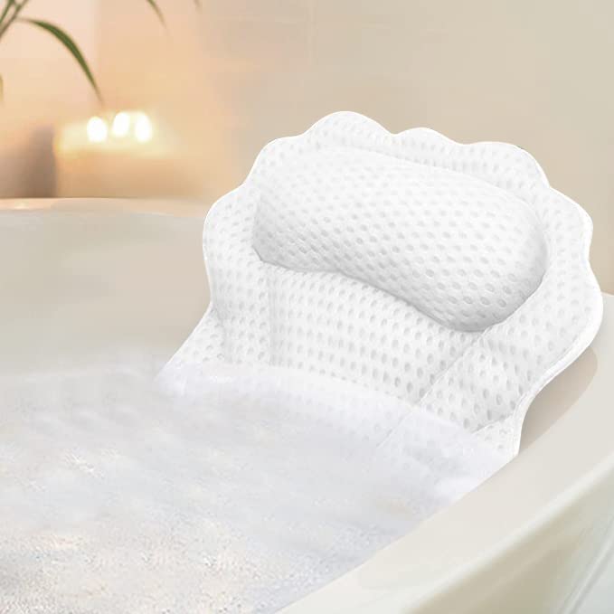 Bath Pillow for Tub for Neck & Back Support - Ergonomic Bath Tub Pillow Headrest for Women & Men - Spa Pillow with 6 Suction Cups & 4D Air-Mesh Technology (Design A)