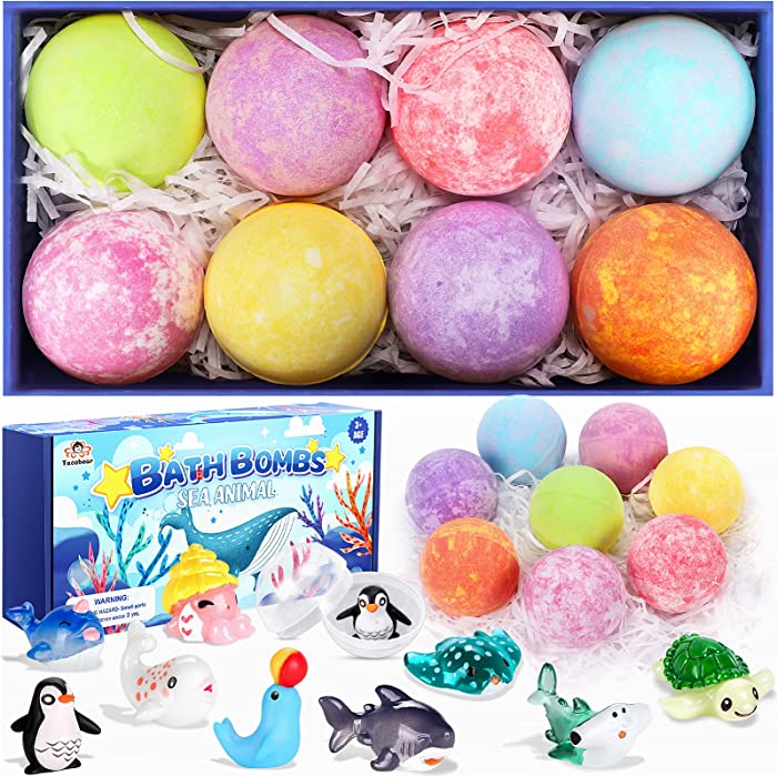 Bath Bombs for Kids with Surprise Inside, 8 Pack Handmade Bath Fizzies with Sea Animals, Kids Safe Spa Bath Fizz Balls Kit, Birthday Gift Set for Boys Girls Wife Girlfriend