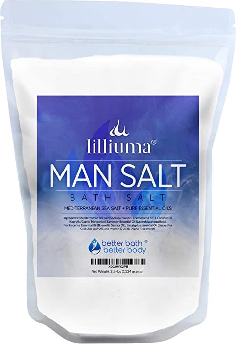 Man Bath Salt 40 Ounces Mediterranean Sea Salt with Lavender, Frankincense, and Eucalyptus Essential Oils, Natural Bath for Men