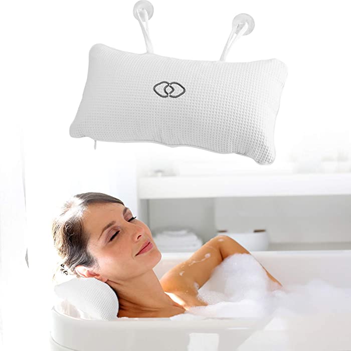 Bath Pillow Bathtub Spa Pillow,Bathtub Pillow Headrest Non-Slip Bath Pillow Bathtub Spa Cushion with Suction Cups Head Neck Support Waffle Pattern Fabric + PVC White