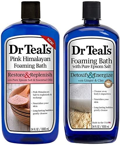 Dr Teal's Foaming Bath Combo Pack (68 fl oz Total), Restore & Replenish with Pink Himalayan, and Detoxify & Energize with Ginger & Clay