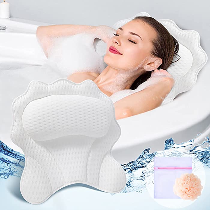 Bath Pillows for Tub, Honadar Bathtub Pillow with 4D Air Mesh Thick Soft, Bath Pillows for Tub Neck and Back Support, Hot Tub Pillow for Women & Men, Powerful Suction Cups, Best Gift, White