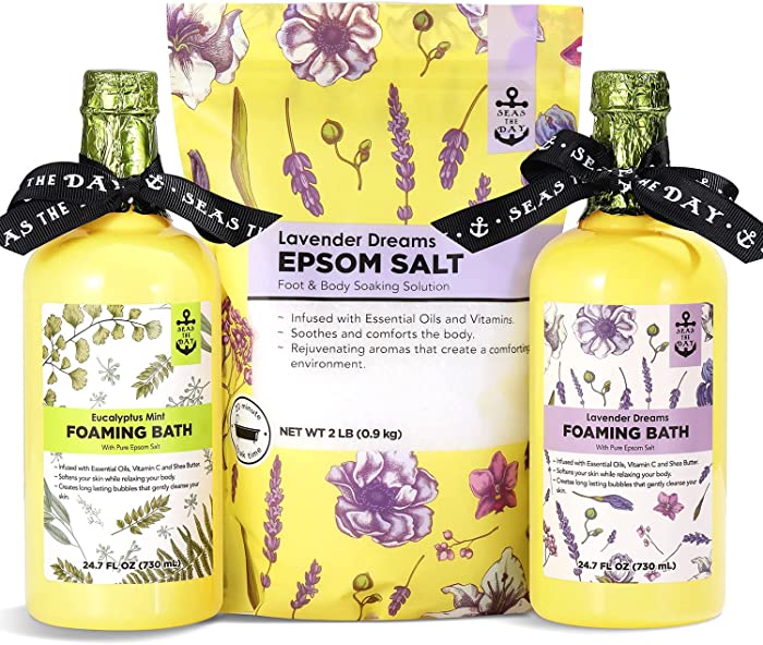 Bath Salt Bubble Bath Set, Epsom Salt for Soaking with Lavender 3 lb and Bubble Bath with Epsom Salt 2 Pack 730ml with Lavender & Eucalyplus Mint Scent, Bath Salts Bulk Spa Set for Women Relaxing