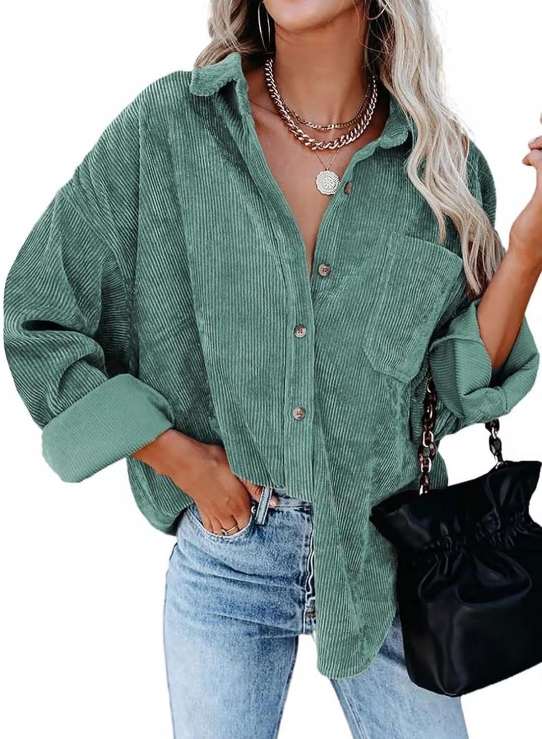 JOCAFIYE Womens Corduroy Shirt Casual Long Sleeve Button Down Jacket Fall Oversized Blouses Tops 2023