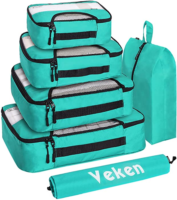 Veken 6 Set Packing Cubes, Travel Luggage Organizers with Laundry Bag & Shoe Bag (Teal)