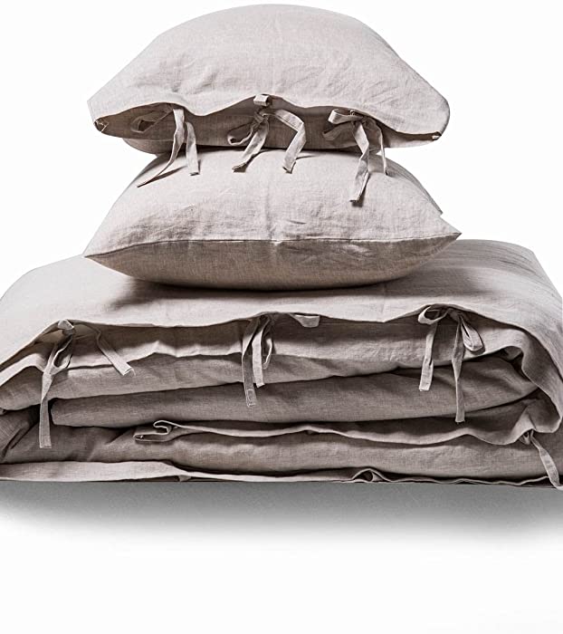 meadow park 100% Stone Washed Linen Duvet Cover Set 3 Pieces, Queen 90 inches x 92 inches, Pillow Shams 20 inches x 26 inches, Ties Closure Style, Corner Ties, Super Soft, Solid Natural Linen Color