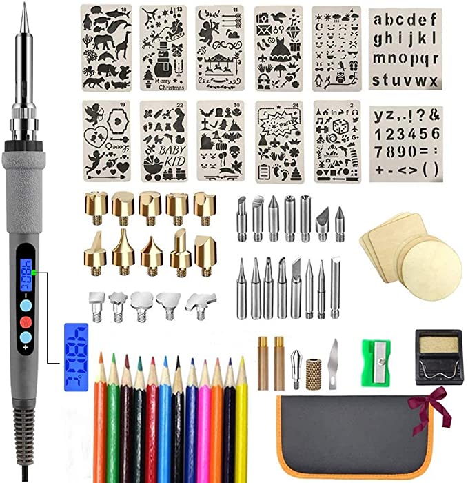 Aipudi 75Pcs Wood Burning Kit, Wood Burning Tool with LCD Display Wood Burning Pen Adjustable Temperature Soldering, Embossing/Carving/Soldering Tips/Carrying Case. (Gray)