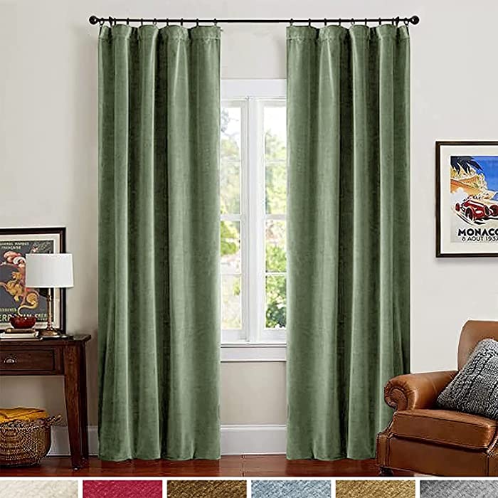 Lazzzy Blackout Velvet Curtains Green 84 inch Thermal Insulated Drapes for Dinning Room Darkening Window Treatment Rod Pocket Home Decor Living Room Set of 2 Panels Sage Green