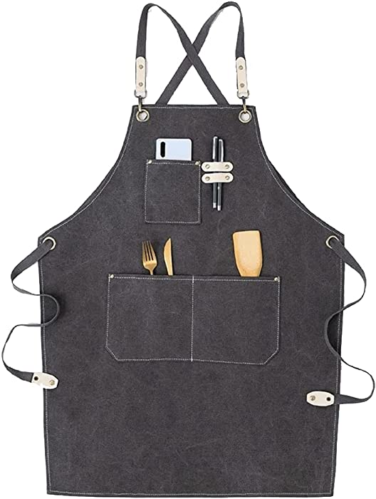 Apron, Apron for Men Women, Adjustable Bib Aprons for Work Artist Gardener Chef Beauty Salon Coffee Shop, Tool Canvas Apron with Multi Pocket Belt,Water & Grease Proofing (Grey)