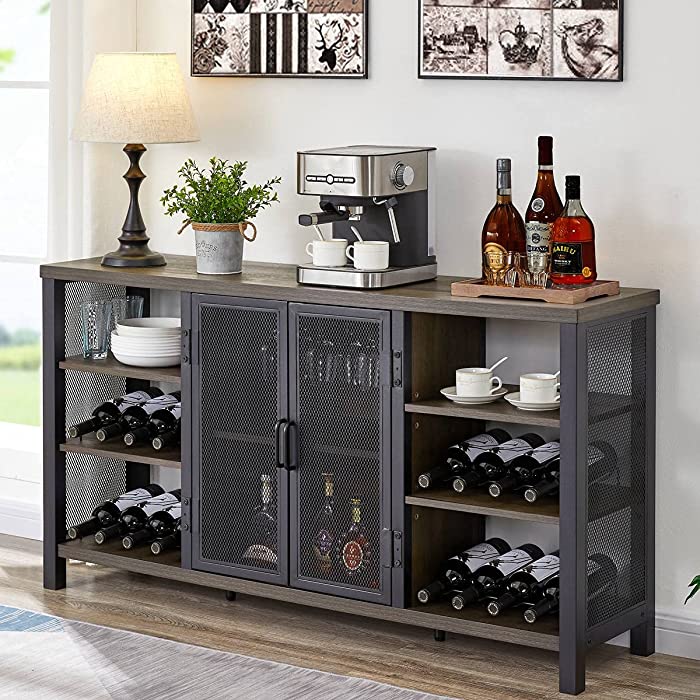 FATORRI Industrial Wine Bar Cabinet for Liquor and Glasses, Farmhouse Wood Coffee Bar Cabinet with Wine Rack, Metal Sideboard and Buffet Cabinet (55 Inch, Walnut Brown)