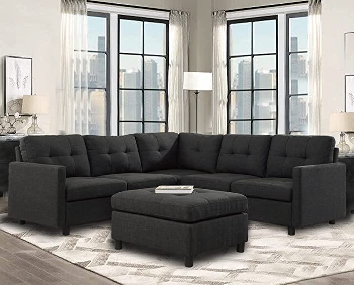 Sectional Sofa Couch Living Room Sectional Ottoman Set 5 Seater Modular Sofa Furniture L Shape Couch Set, Dark Grey