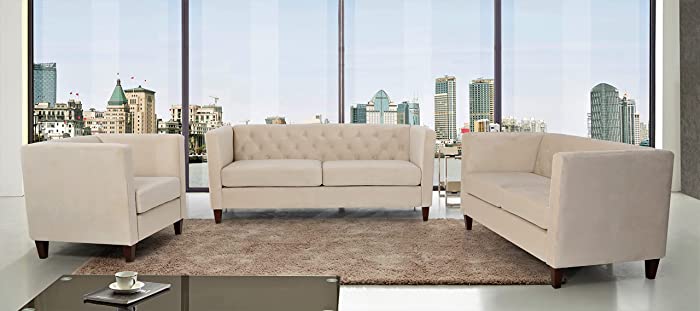 US Pride Furniture Modern Style High Density Foam Ivory Velvet Button-Tufted 3 PC Living Room Set with Removable Cushion & Solid Wood Legs (S5708-5714) Sofas