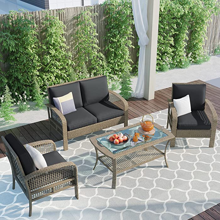 GLORHOME 4-Piece Outdoor Patio Furniture, Weather PE Wicker Rattan Sofa Chairs Table Set for Backyard Porch Poolside,Grey, Gray