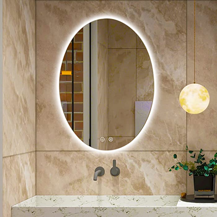 BuLife 28 X 20 Inch Oval LED Backlit Bathroom Mirror with Lights, Wall Mounted Frameless LED Bathroom Mirrors for Vanity with Touch Switch, Anti-Fog Dimmable 6000K