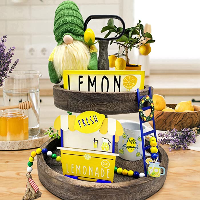 Lemon Decor - 5 Pieces Lemon Tiered Tray Decor Bundle - 3 Farmhouse Wooden Signs with 1 Lemon Themed Plush Gnome and Lemonade Bead Garland for Summer Kitchen Tier Tray Decorations