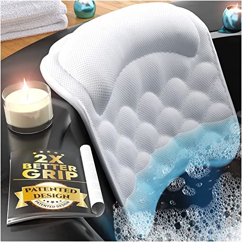 Premium Bathtub Pillow with Storage Bag [10 Extra Large Suction Cups] Bath Pillow for Neck and Head Support, Washable Bag Included