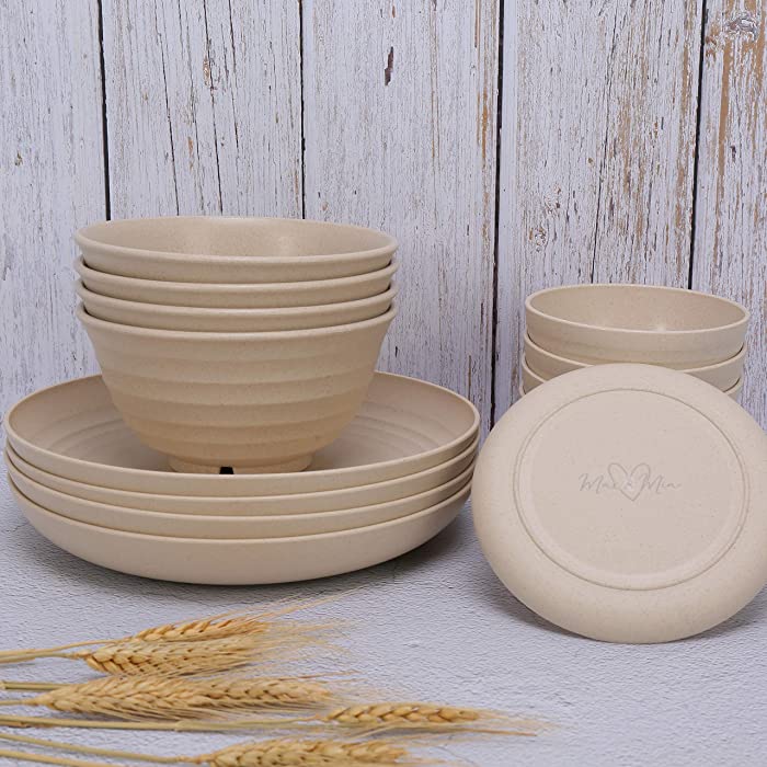Max n' Mia Wheat Straw Dinnerware Set (16 pcs) Beige-Unbreakable, Microwave and Dishwasher Safe, Lightweight, Reusable, Eco Friendly, Wheat Straw Plates, Wheat Straw Cereal Bowls, and Snack Bowls