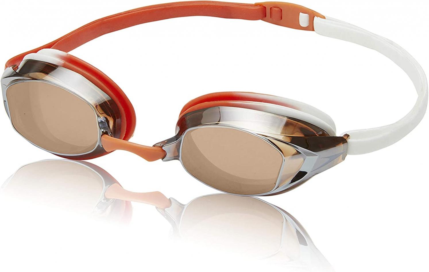 Speedo unisex adult Swim Vanquisher Extended View Goggles, Mirrored White Orange/Smoke/Grey, One Size US