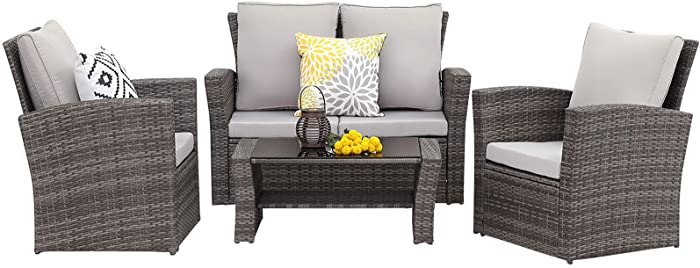Wisteria Lane 4 Piece Outdoor Patio Furniture Sets, Wicker Conversation Set for Porch Deck, Gray Rattan Sofa Chair with Cushion