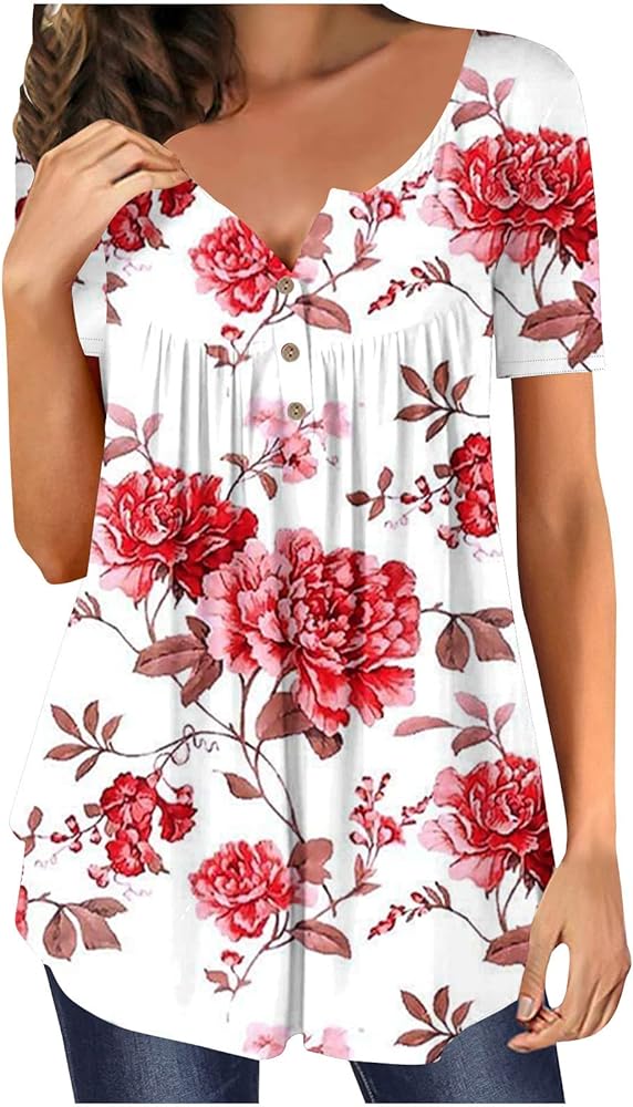 Stessotudo Boho Tops for Women 2023 Short Sleeve Flowy Long Tunic Tops Crewneck Buttons Ruffle Summer Floral Print Blouses