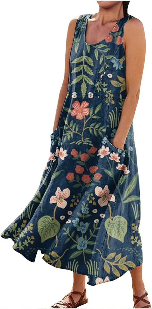 Sleeveless Dresses for Womens 2024 Beach Cotton Linen Floral Printed Dresses with Pockets Casual Flowy Long Dress