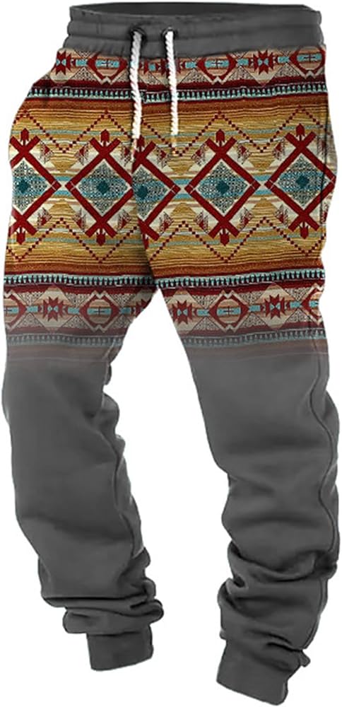 Fashion Aztec Sweatpants for Men Drawstring Ethnic Western Style Regular Fit Pants Retro Floral Print Pants Trousers