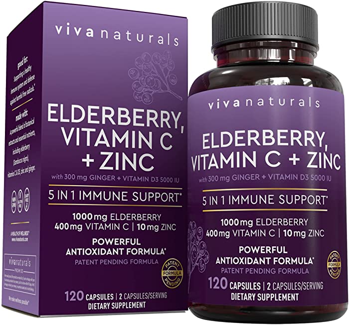 Viva Naturals Elderberry, Vitamin C, Zinc, Vitamin D3 5000 IU & Ginger - Antioxidant & Immune Support Supplement, 2 Month Supply (120 Capsules) - 5 in 1 Daily Immune Support for Adults