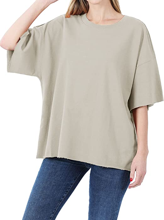 DAY VILLAGE Women's French Terry Drop Shoulder Raw Edge Oversized Short Sleeve T-shirt Top
