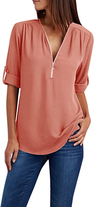 Women's Casual Chiffon Shirts Zip V Neck Roll Up Cuffed Long Sleeve Blouse Tops Summer Business Work Plain Tunic Top