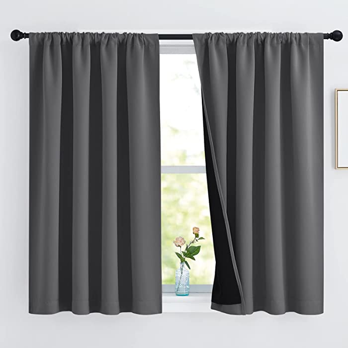 NICETOWN 100% Blackout Curtains for Bedroom with Rod Pocket, Thermal Insulated 2-Layer Lined Drapes, Energy Efficiency Window Draperies for Dining Room (Grey, 2 PCs, 52-inch W by 45-inch L)