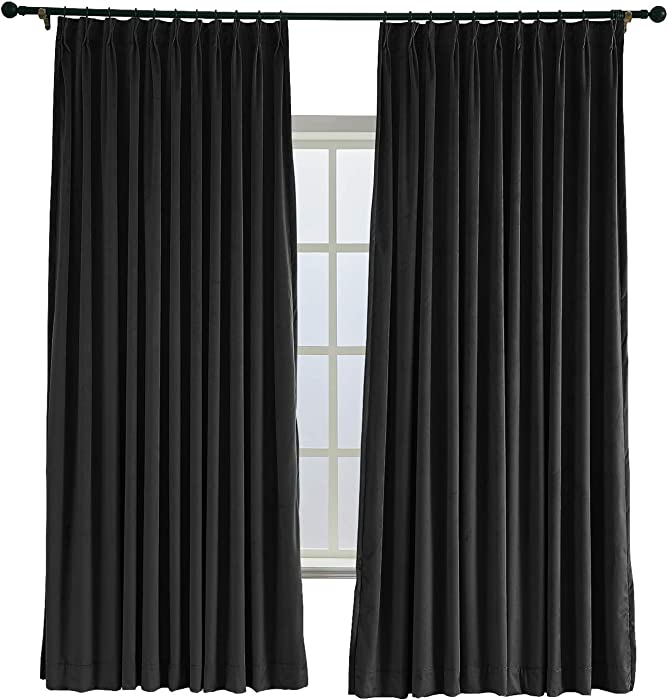 ChadMade Pinch Pleat 100W x 96L Room Darkening Lined Velvet Curtain Drapery Panel for Traverse Rod or Track, Living Room Bedroom Meetingroom Club Theater Patio Door (1 Panel), Black