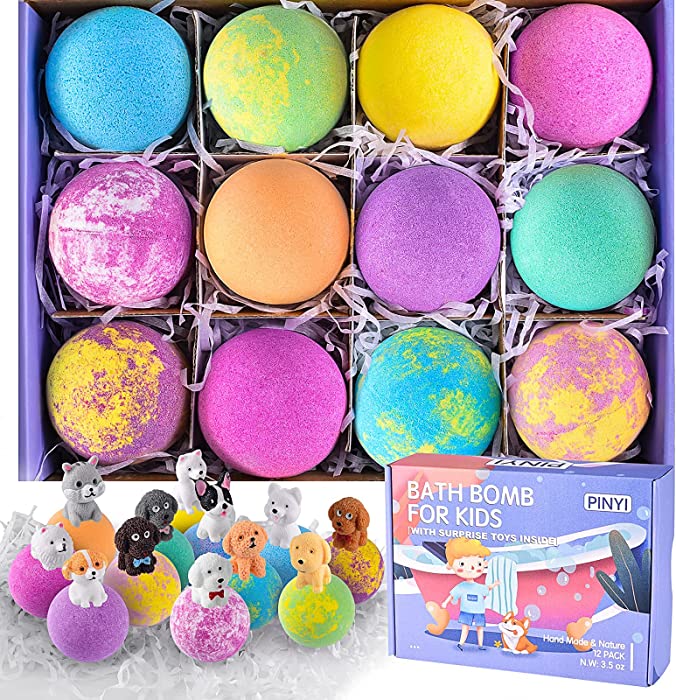 Bath Bombs with Surprise Inside - Puppy Bath Bombs for Kids, 12 Pack Kids Bubble Bath Gift Set Fizzies Balls with Toy, Handmade Gentle Kids Safe Organic Bathbomb, Ideal Birthday Gift for Boys & Girls