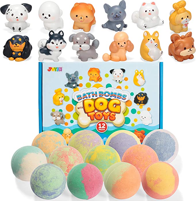 Bath Bombs with Cute Dogs Figures for Kids, 12 Packs Bubble Bath Bombs with Surprise Inside, Natural Essential Oil SPA Bath Fizzies Set, Birthday Gift for Boys and Girls Easter Basket Stuffers