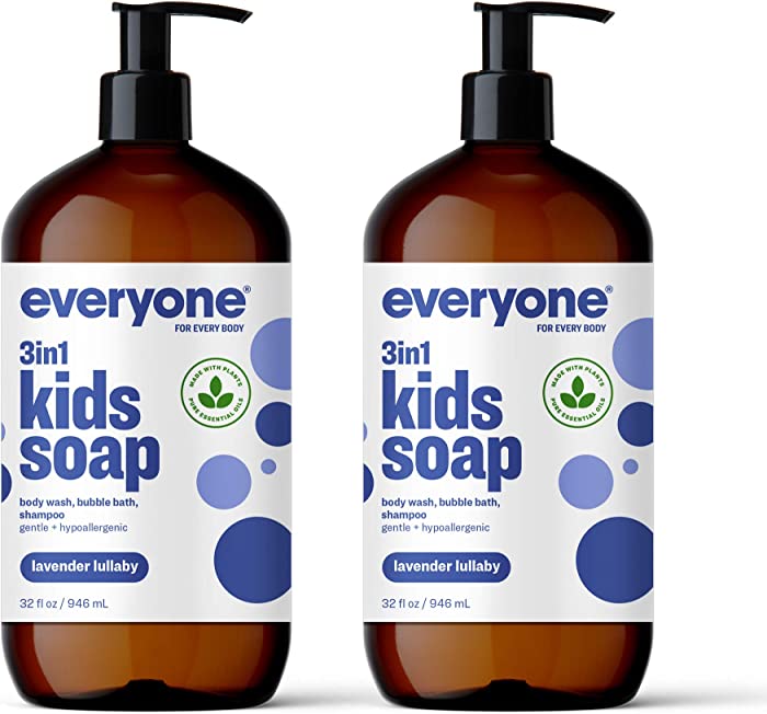 Everyone 3-in-1 Kids Soap, Body Wash, Bubble Bath, Shampoo, 32 Ounce (Pack of 2), Lavender Lullaby, Coconut Cleanser with Organic Plant Extracts and Pure Essential Oils (Packaging May Vary)