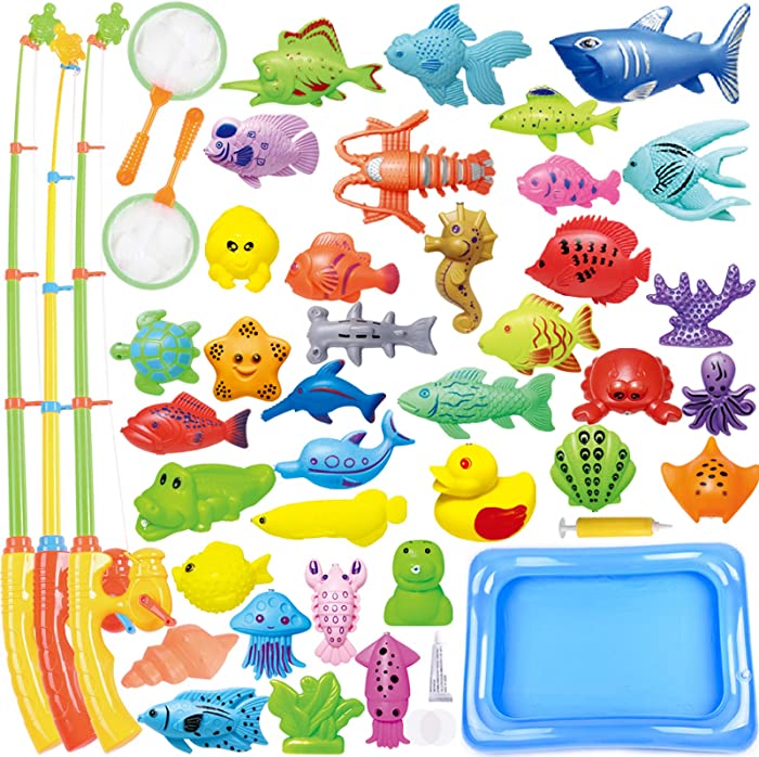 CozyBomB Kids Pool Fishing Toys Games - Summer Magnetic Floating Toy Magnet Pole Rod Fish Net Water Table Bathtub Bath Game - Learning Education For age 3 4 5 Boys Girls Toddlers Carnival Party Favors