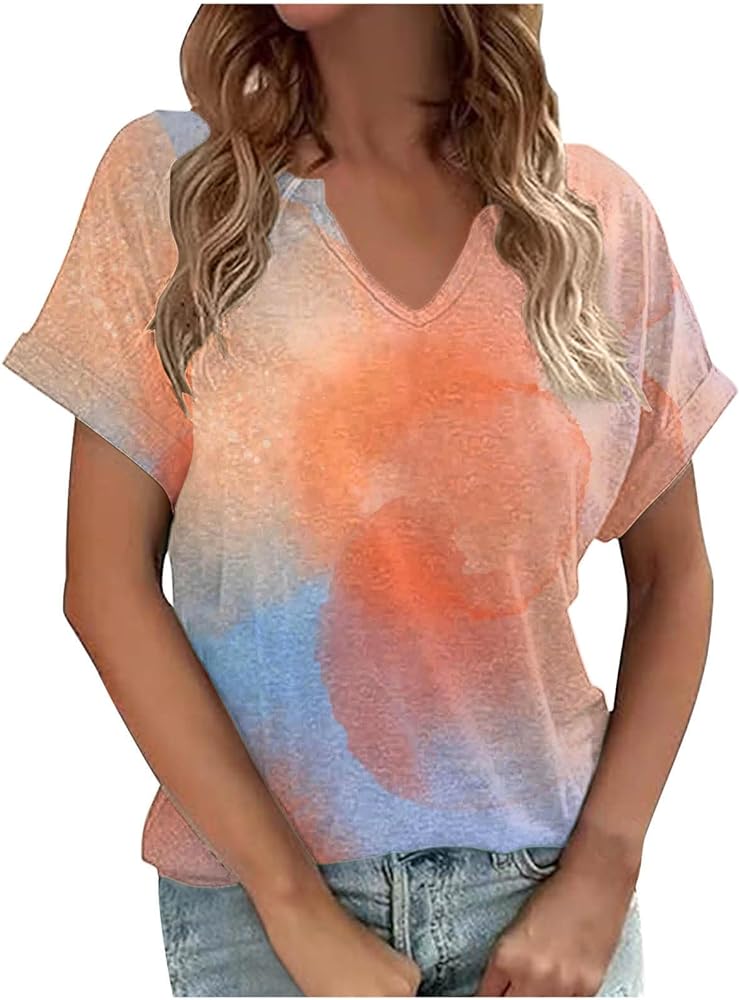 Women's Summer Casual Short Sleeve Loose Tops Blouse Tie Dye Gradient Printing Tees Shirt Trending T Shirts