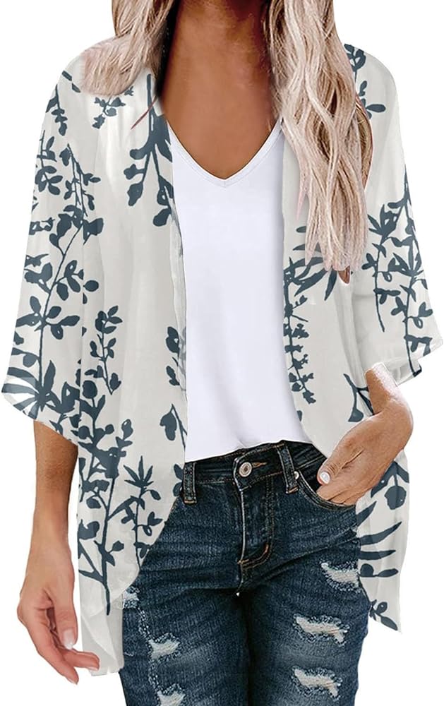 Stessotudo Cardigan for Women Open Front 3/4 Sleeve Lightweight Cardigans Floral Print Loose Fit Casual Chiffon Cover-Up Tops