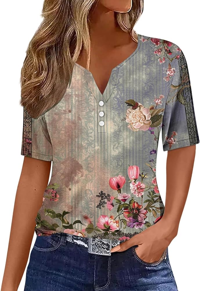 DASAYO Summer Fashion Tops for Women Ombre Floral Dressy Casual Blouses Notched V Neck Button up Short Sleeve T Shirts