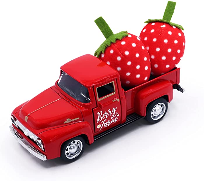 Huray Rayho Metal Red Truck with 2 PCS Artificial Strawberry, Vintage Stuffed Fabric Berry Farm Pickup Farmhouse Summer Tabletop Tiered Tray Decor Home Kitchen Shelf Mini Diecast Truck Decorations