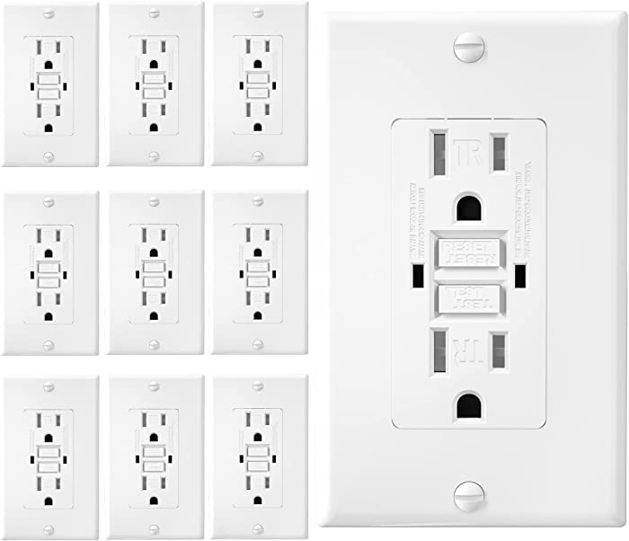GFCI White Outlet Receptacle, Tamper Resistant GFCI Outlet 15 Amp/125-Volt, Self-Test Function with LED Indicator 15 Amp GFCI Outlets, UL/cUL Listed, Wall Plate and Screws Included, 10 Pack
