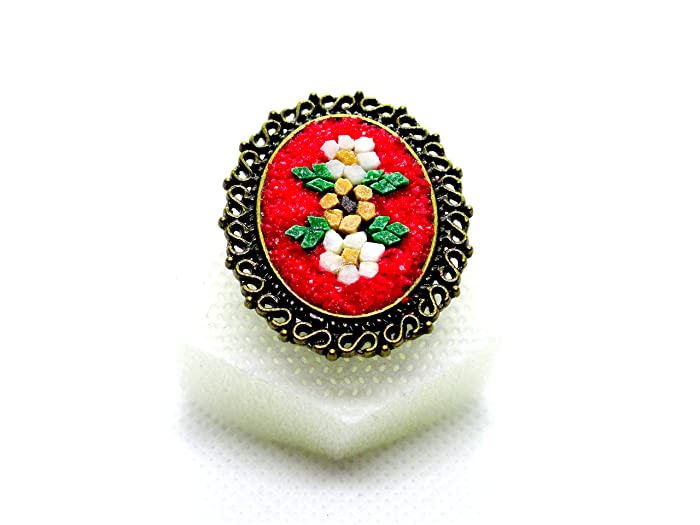 Handmade Natural Stone Mosaic Ring Relaxing LovelyTwo Carnations Patterned Antique Colored Jewelery With An Elegant Frame