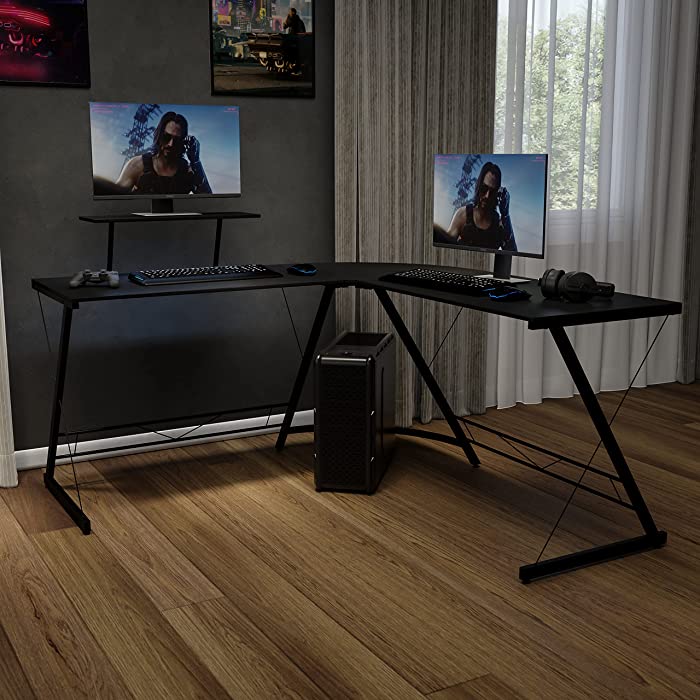 Flash Furniture Corner Desk - Black/Black Space Saving L-Shaped Gaming Desk with Monitor Shelf - 71.5" 2-Tier Computer Desk, Home Office Corner Desk, Easy to Assemble