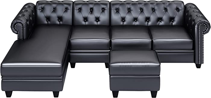 116" Chesterfield Modular Sofa Set, PU Leather 4 Seat Living Room Set, Furniture L Shaped Sofa, Footrest with Storage, Nail Head (Left Hand Facing, Black) for Living Room and More