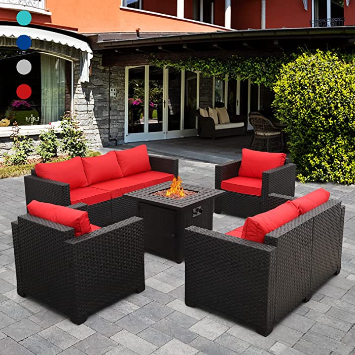 Patio Furniture Sectional Sofa 5-Piece 50000 BTU Propane Gas Fire Pit Outdoor Wicker Furniture Set Square Steel Pit Table with No-Slip Cushions Furniture Covers Lava Rock Anti-Splash Mesh, Red